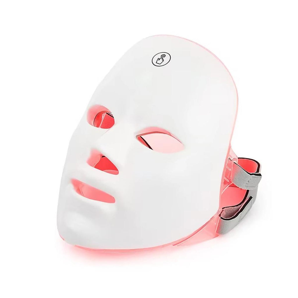 7 color LED face mask with neck panel on white background showing red light therapy mode