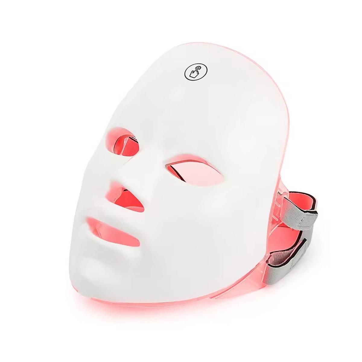 7 color LED face mask with neck panel on white background showing red light therapy mode