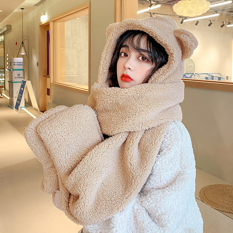 Teddy Bear Ears Plush Hooded Scarf - Warm Faux Fur Winter Hood (Beige)