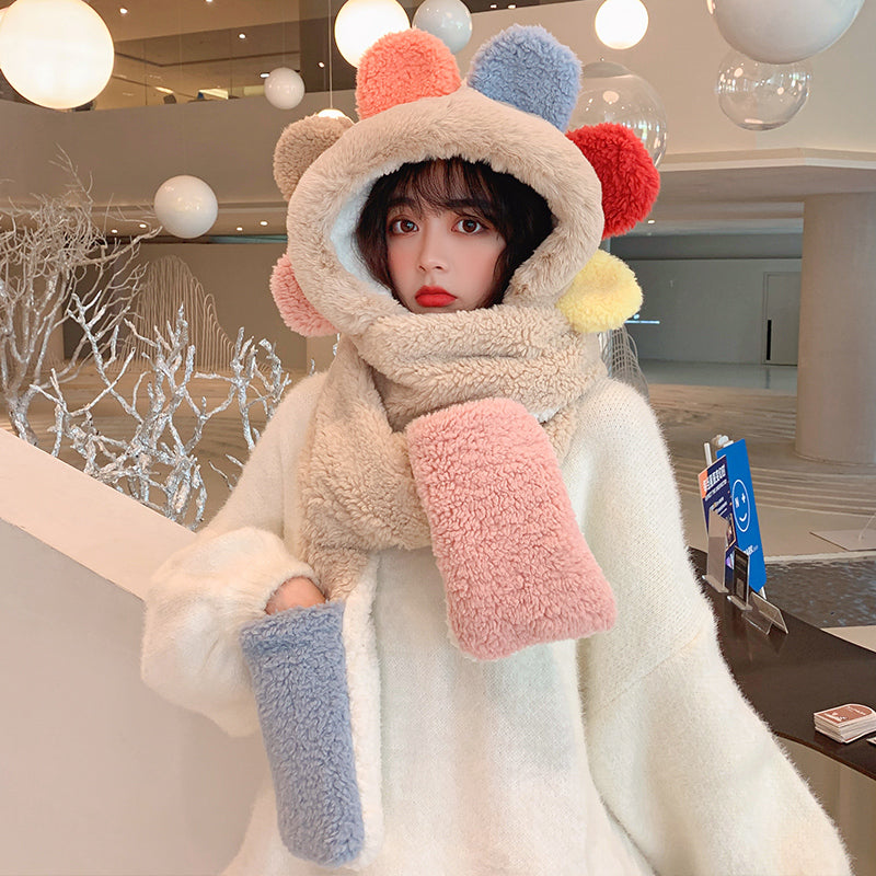 Teddy Bear Ears Plush Hooded Scarf - Warm Faux Fur Winter Hood (Beige)