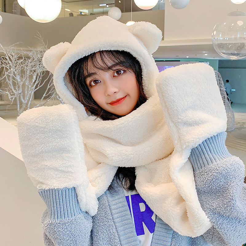Teddy Bear Ears Plush Hooded Scarf - Warm Faux Fur Winter Hood (Beige)
