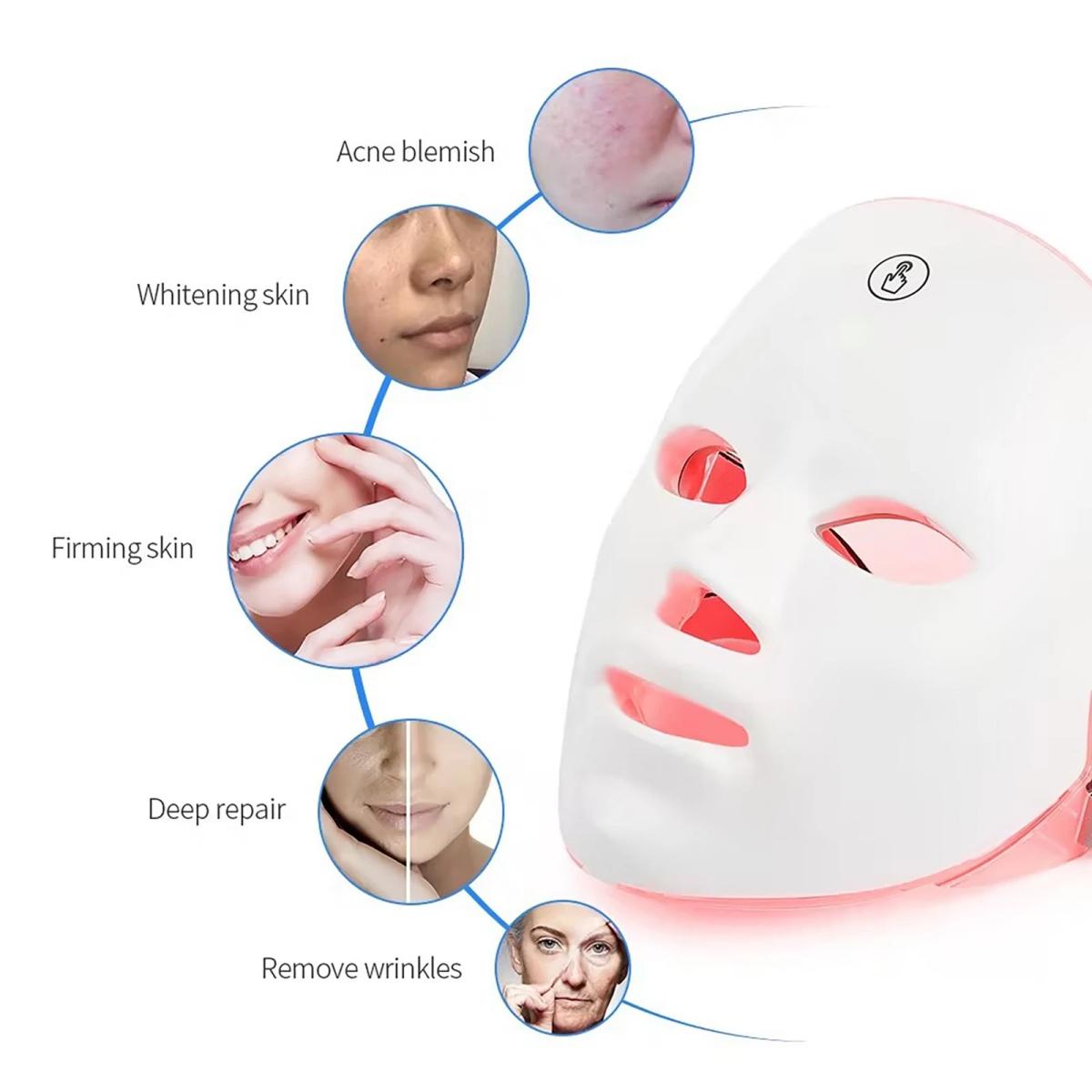 Close-up of woman using 7 color LED photon face mask for anti-aging skincare at home