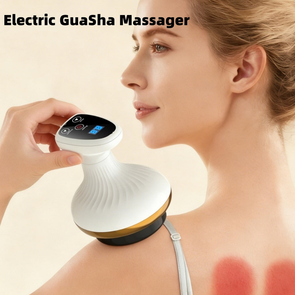 Woman using electric Gua Sha massager on jawline for lifting and contouring