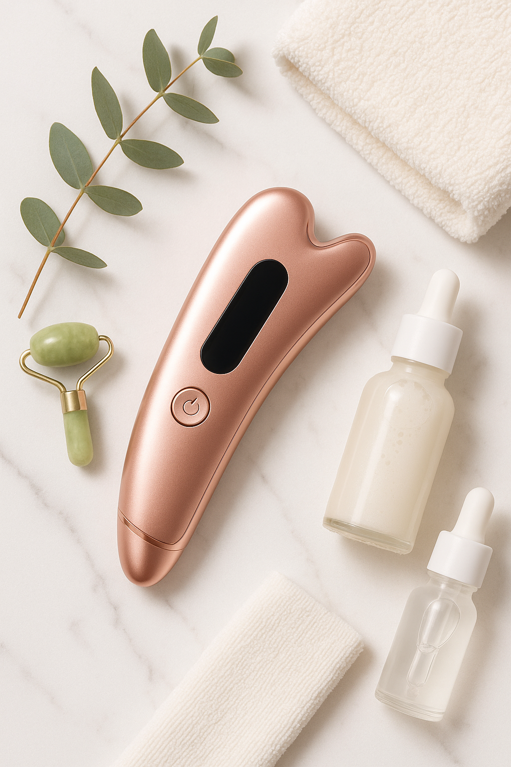Electric Gua Sha facial massager with rose gold finish on marble surface