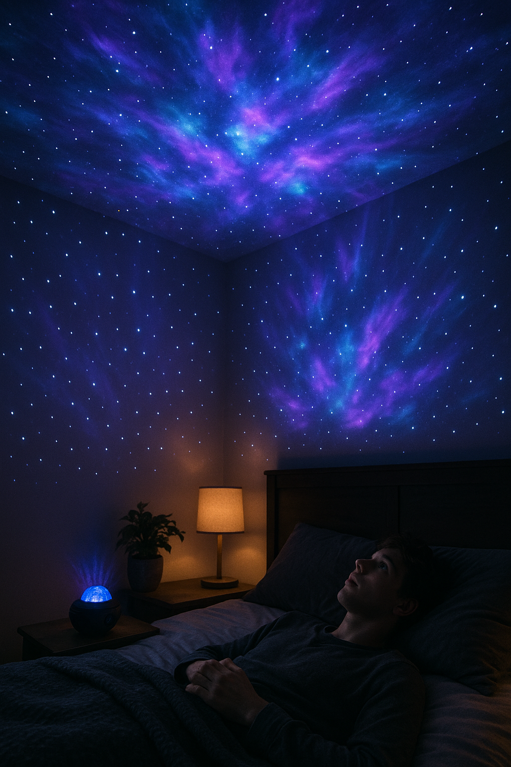 Galaxy star projector casting colorful nebula and stars across dark bedroom ceiling